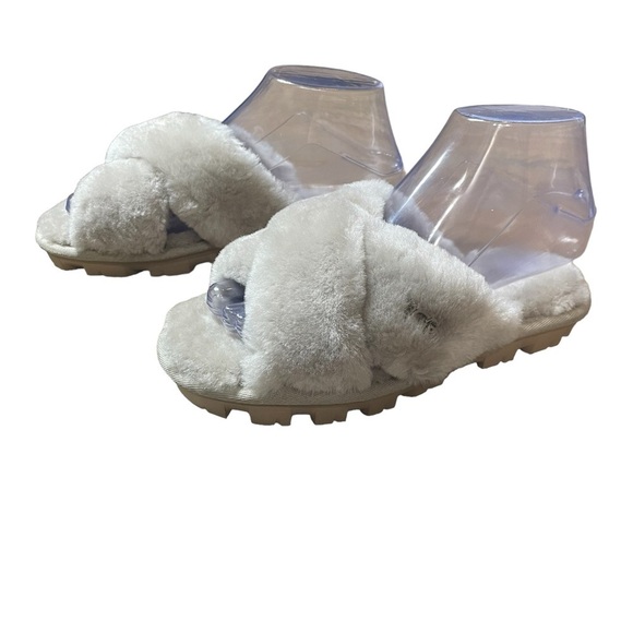 UGG Fuzzette Fluffy Cross Strap Sheepskin Slippers Goat Silver Grey NEW Size 5 - Picture 7 of 11